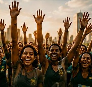 Participantes celebrando com os braços para o alto