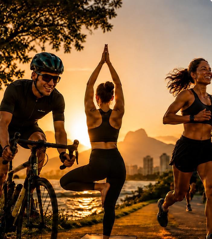 Ciclista, praticante de yoga e corredores ao pôr do sol à beira-mar