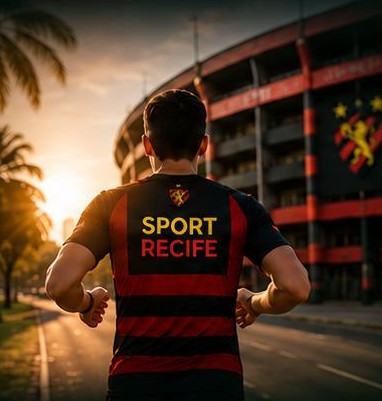Corredor com camisa do Sport Recife diante do estádio